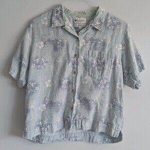 men's vintage columbia 100% cotton button down shirt summer large tropical blue